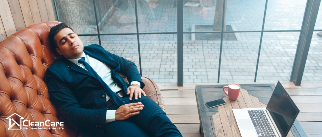 Avoid exposure to direct sunlight or a high heat source-man lying on a leather sofa
