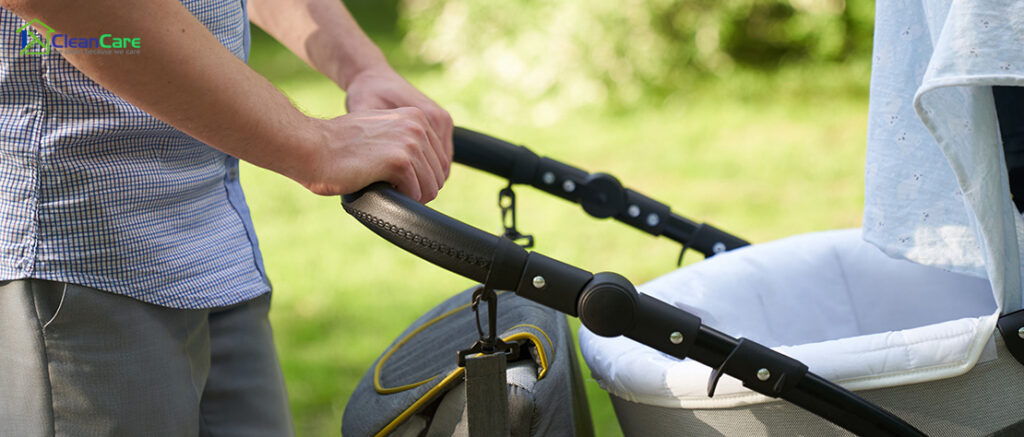 Dirty stroller wheels needing a good cleaning.
